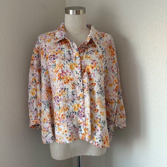 H&M Linen Button Up Crop Shirt Slouchy Sleeve Multicolor Floral Print Lightweigh - Picture 1 of 10